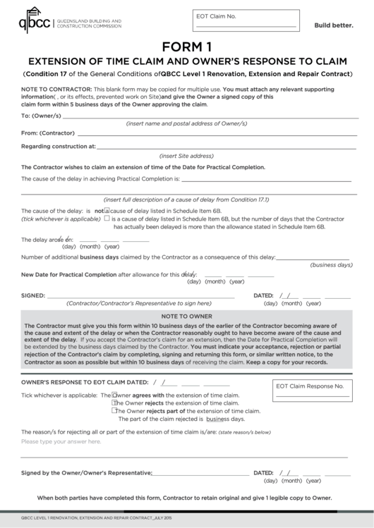 Form 1 - Extension Of Time Claim And Owner's Response To Claim - 2015