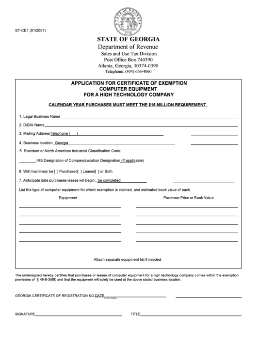Form St-Ce1 - Application For Certificate Of Exemption Computer Equipment For A High Technology Company Printable pdf