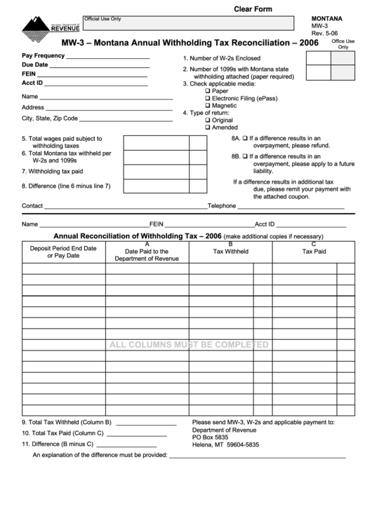 Fillable Form Mw-3 - Montana Annual Withholding Tax Reconciliation - 2006 Printable pdf