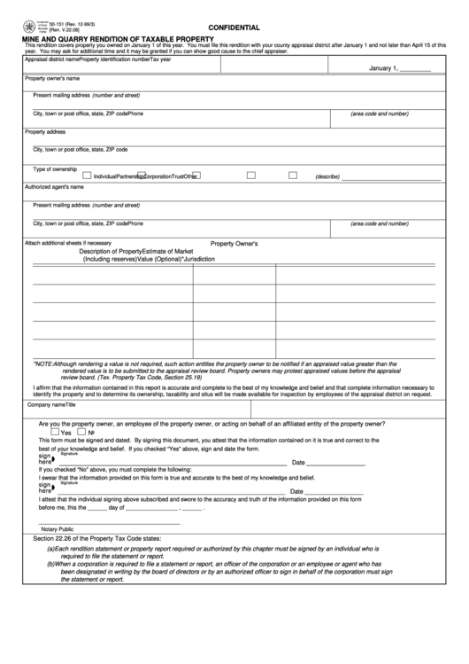 Form 50-151 - Mine And Quarry Rendition Of Taxable Property - 1999 ...