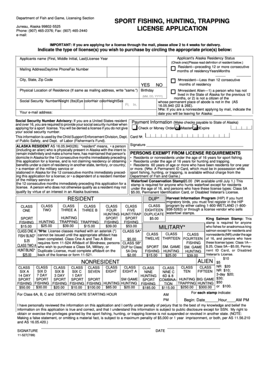 Form 11-527 - Sport Fishing, Hunting, Trapping License Application- Department Of Fish And Game, Licensing Section Printable pdf
