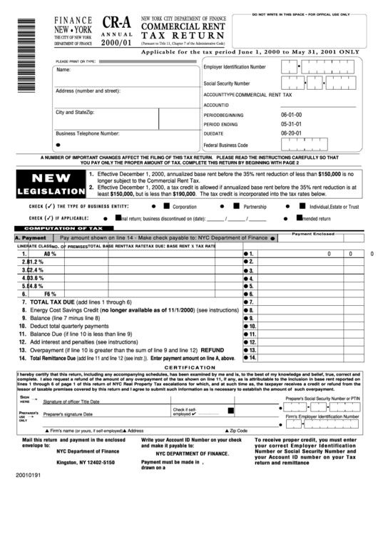 Form Cr-A - Commercial Rent Tax Return Printable pdf