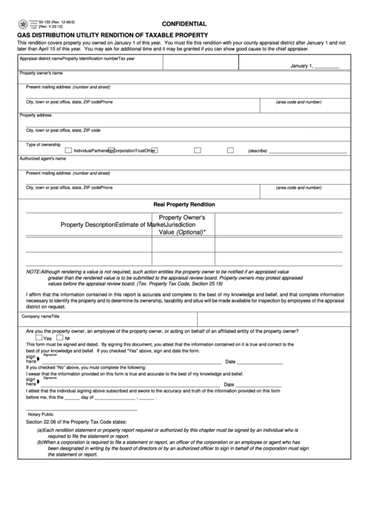 Form 50-155 - Gas Distribution Utility Rendition Of Taxable Property - 1999 Printable pdf