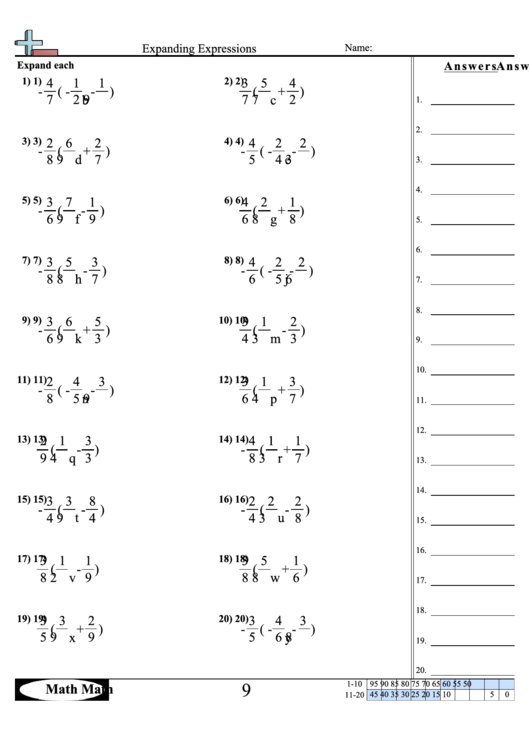 Expanding Expressions Worksheet With Answer Key Printable pdf