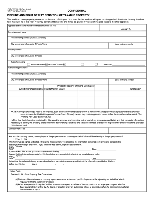 Form 50-157 - Pipeline And Right Of Way Rendition Of Taxable Property - 1999 Printable pdf
