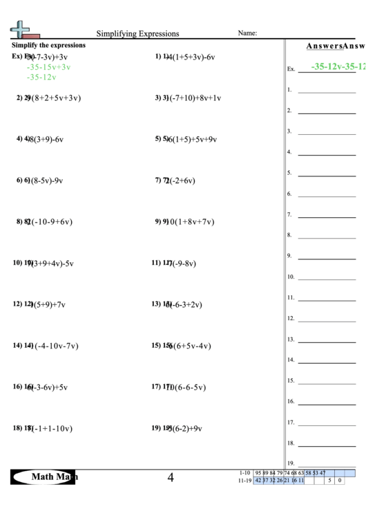 Simplifying Expressions Worksheet printable pdf download