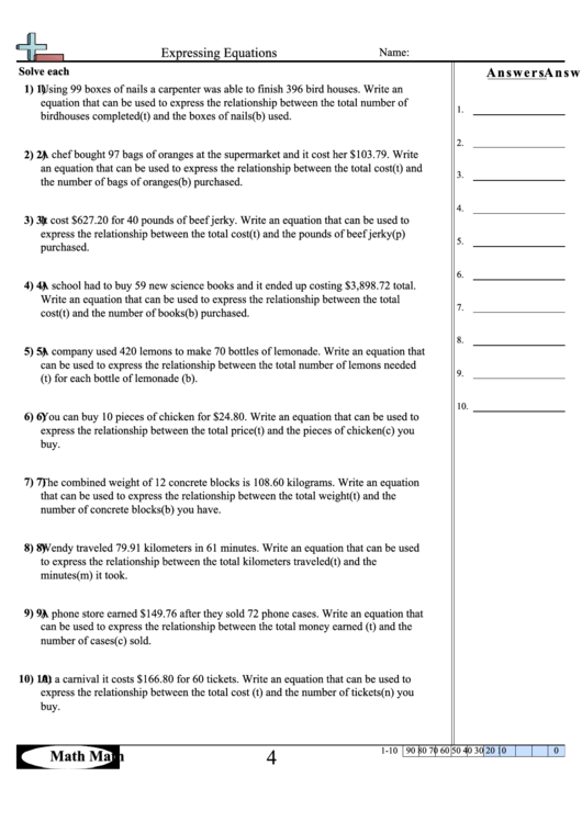 Expressing Equations Worksheet With Answer Key printable pdf download