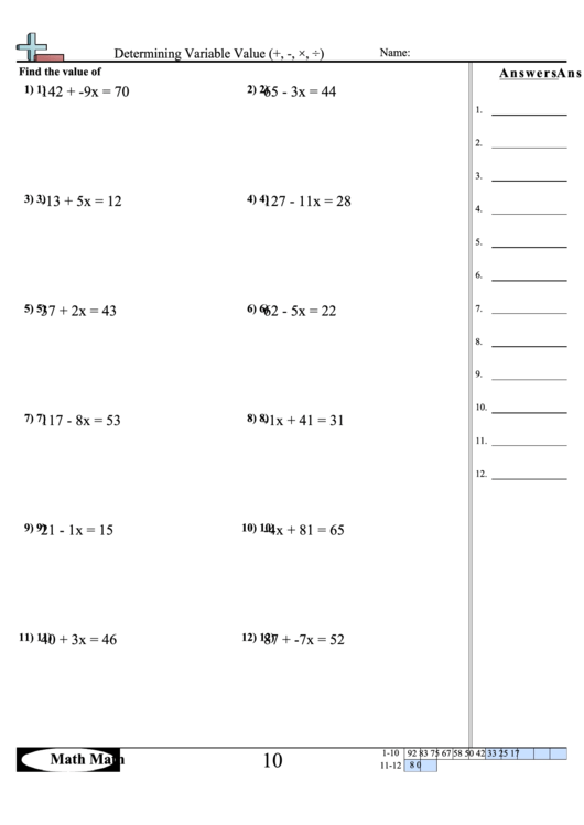 Determining Variable Value Sheet printable pdf download