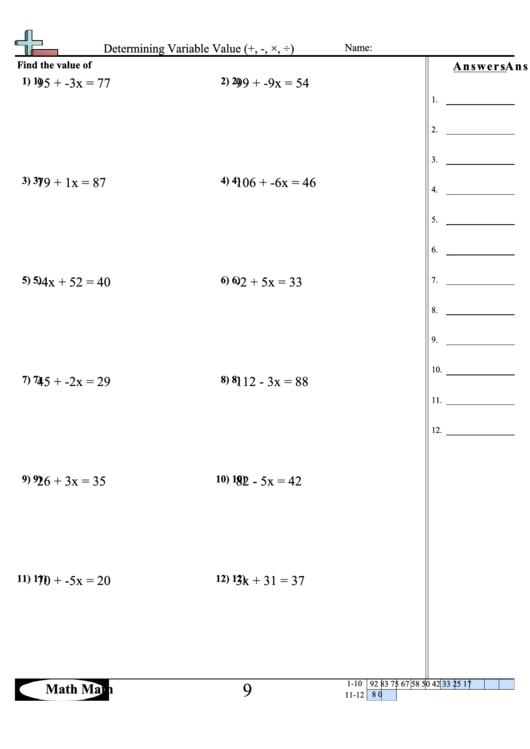 Determining Variable Value Sheet printable pdf download