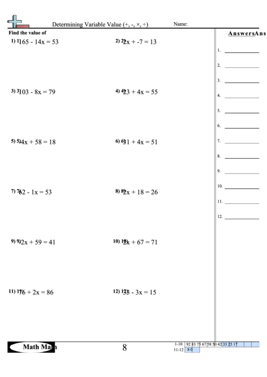 Determining Variable Value Sheet printable pdf download