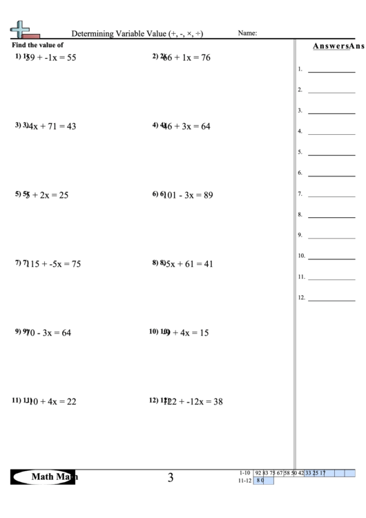 Determining Variable Value Sheet printable pdf download
