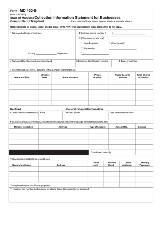Form Md 433-B - Collection Information Statement For Businesses Printable pdf
