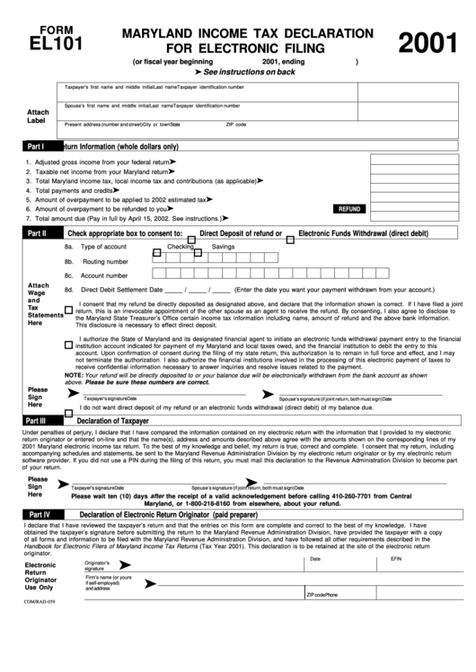 Fillable Form El101 - Maryland Income Tax Declaration For Electronic Filing - 2001 Printable pdf