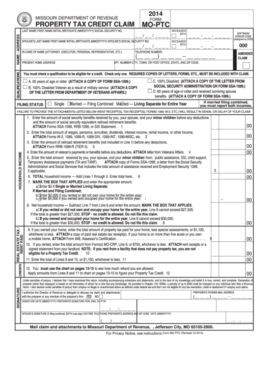 Form Mo-Ptc - Property Tax Credit Claim Printable pdf
