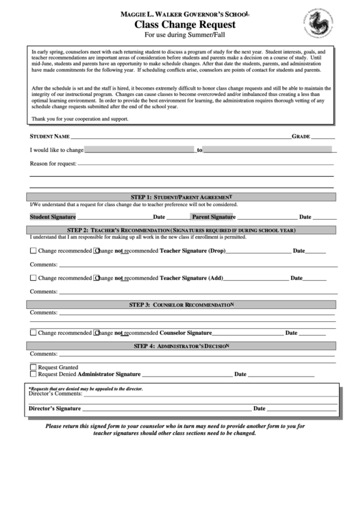 Class Change Request Form Printable pdf