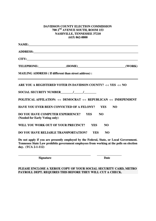 Davidson County Election Commission Application Printable pdf