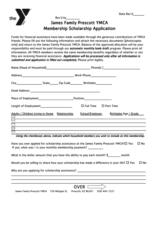 Membership Scholarship Application Form - James Family Prescott Ymca Printable pdf