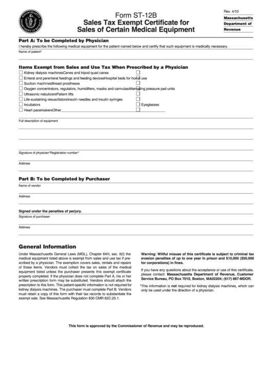 Form St-12b - Sales Tax Exempt Certificate For Sales Of Certain Medical Equipment Printable pdf