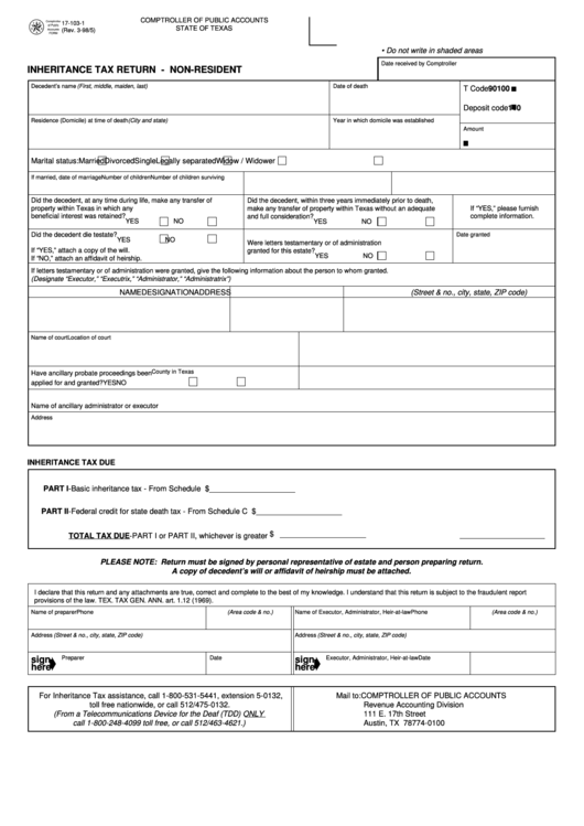 Form 17-103-1 - Inheritance Tax Return - Non-Resident Printable pdf