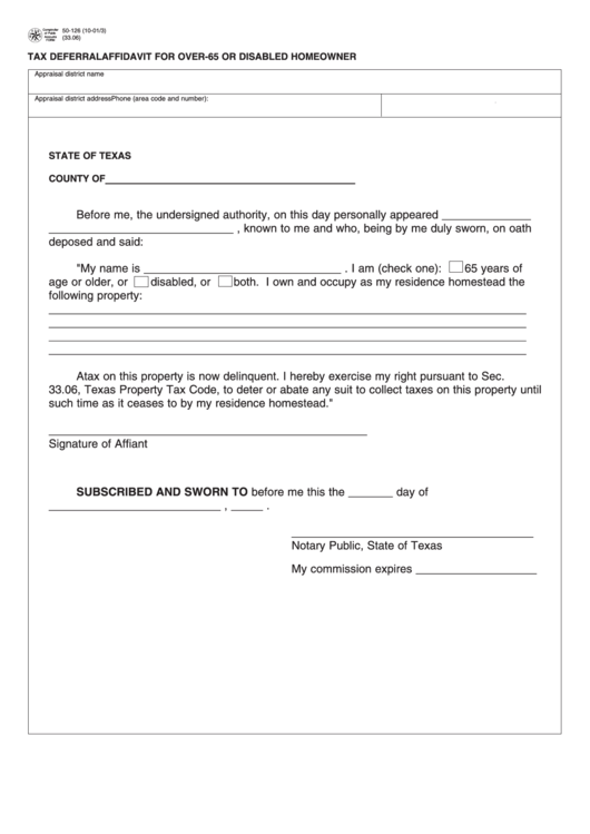Form 50-126 - Tax Deferral Affidavit For Over-65 Or Disabled Homeowner Printable pdf