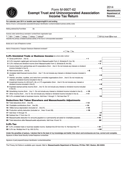 Form M-990t-62 - Exempt Trust And Unincorporated Association Income Tax Return - 2014 Printable pdf