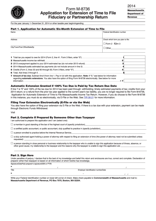Form M-8736 - Application For Extension Of Time To File Fiduciary Or Partnership Return - 2014 Printable pdf