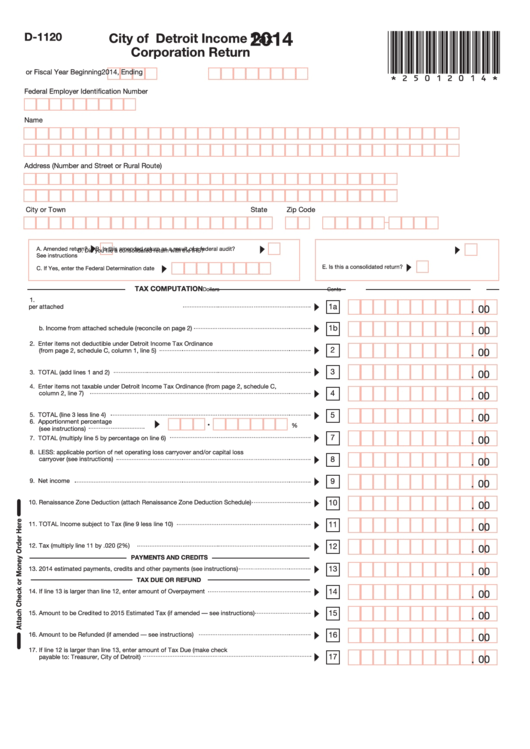 Fillable Form D-1120 - Income Tax Corporation Return - City Of Detroit - 2014 Printable pdf