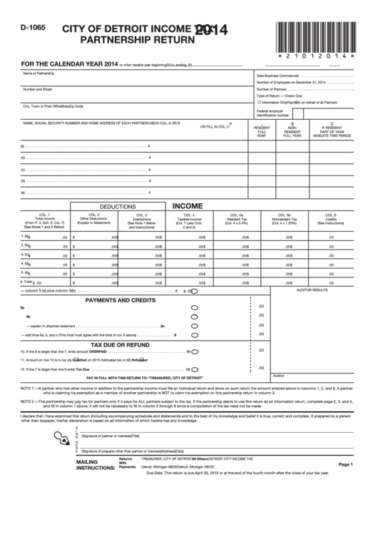 Fillable Form D-1065 - City Of Detroit Income Tax Partnership Return - 2014 Printable pdf