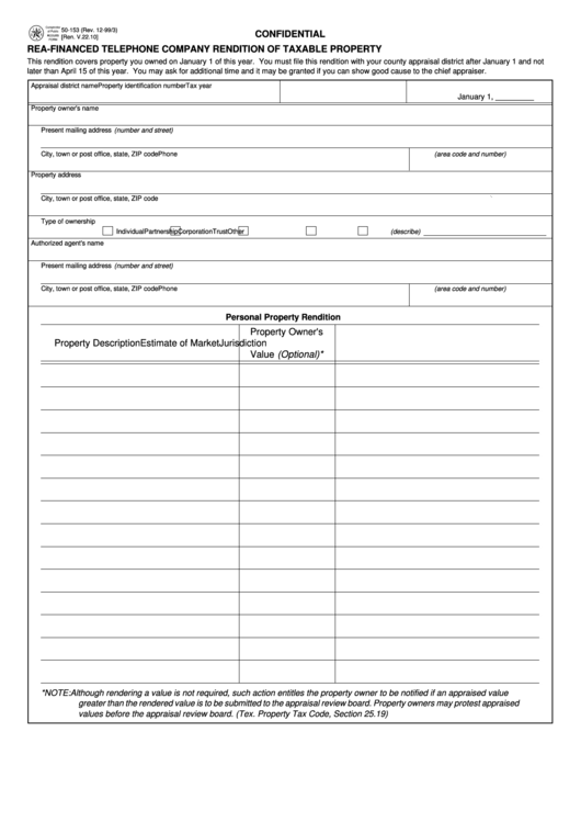 Form 50-153 - Rea-Financed Telephone Company Rendition Of Taxable Property - 1999 Printable pdf