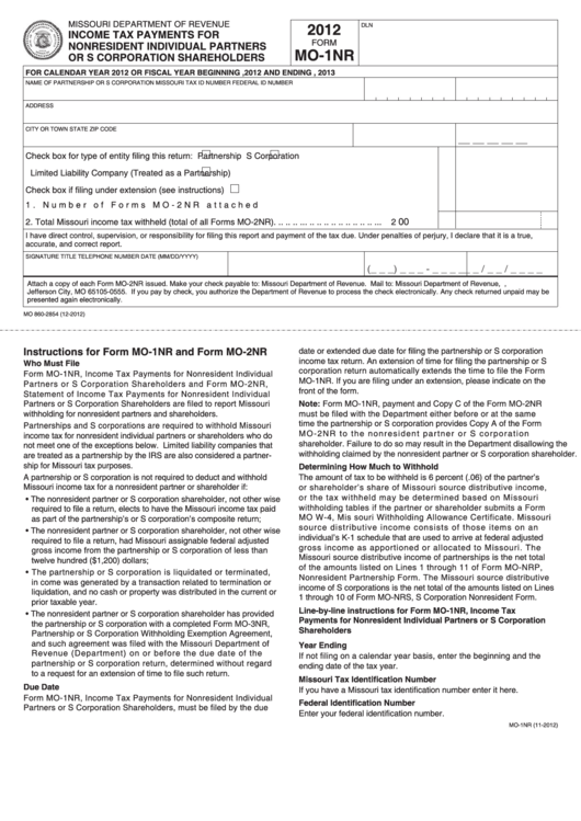 Fillable Form Mo-1nr - Income Tax Payments For Nonresident Individual Partners Or S Corporation Shareholders - 2012 Printable pdf