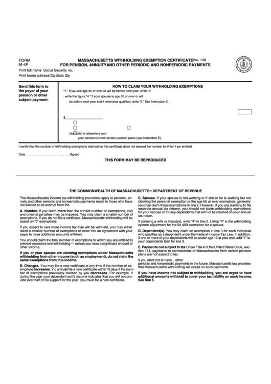 Form M-4p - Massachusetts Withholding Exemption Certificate For Pension, Annuity And Other Periodic And Nonperiodic Payments - 2008 Printable pdf