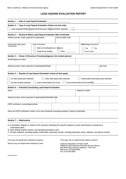 Fillable Cdph Form 8552 - Lead Hazard Evaluation Report Printable pdf