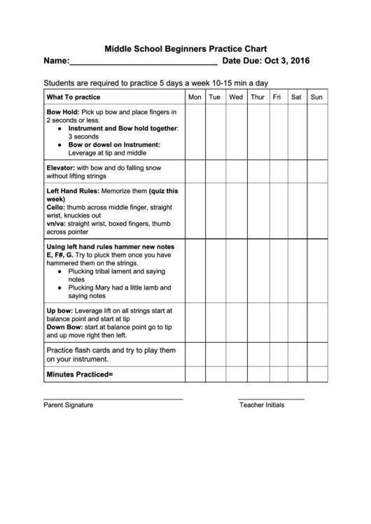 Middle School Beginners Practice Chart Form