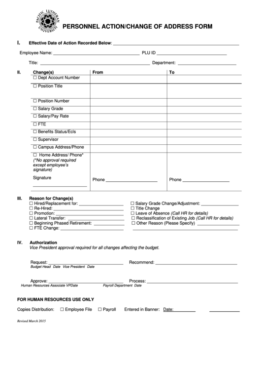 Ppersonnel Action Form//change Of Address Form Printable pdf