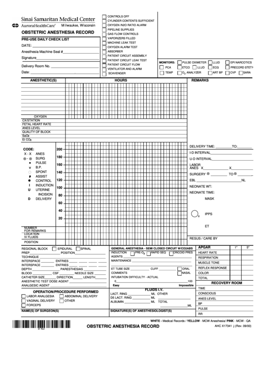 Obstetric Anesthesia Record Form Printable pdf