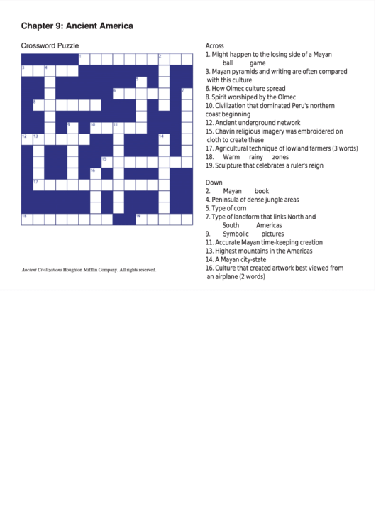 Chapter 9: Ancient America - Crossword Puzzle Template Printable pdf
