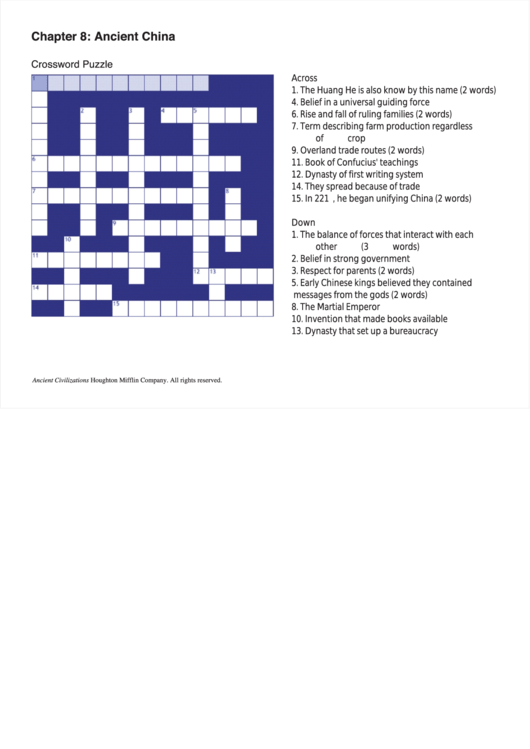 Chapter 8: Ancient China - Crossword Puzzle Template Printable pdf