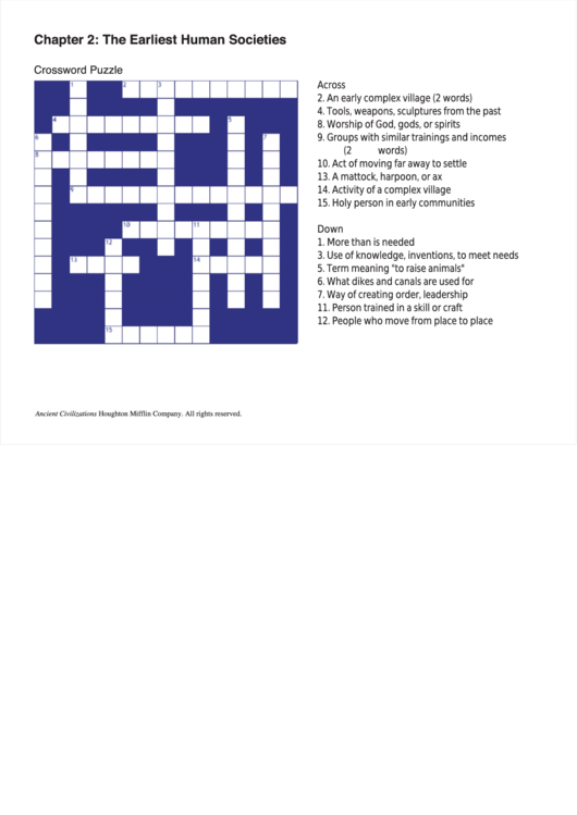 Chapter 2: The Earliest Human Societies - Crossword Puzzle Template Printable pdf