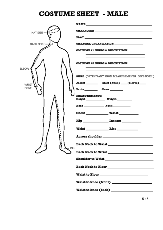Costume Measurement Chart Form - Male - Female Printable pdf