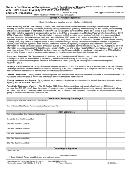 Form Hud 50059 Owner S Certification Of Compliance With Hud S Tenant