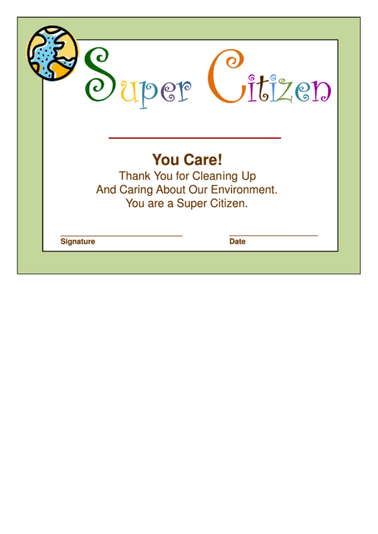 Super Citizen Certificate Template Printable pdf