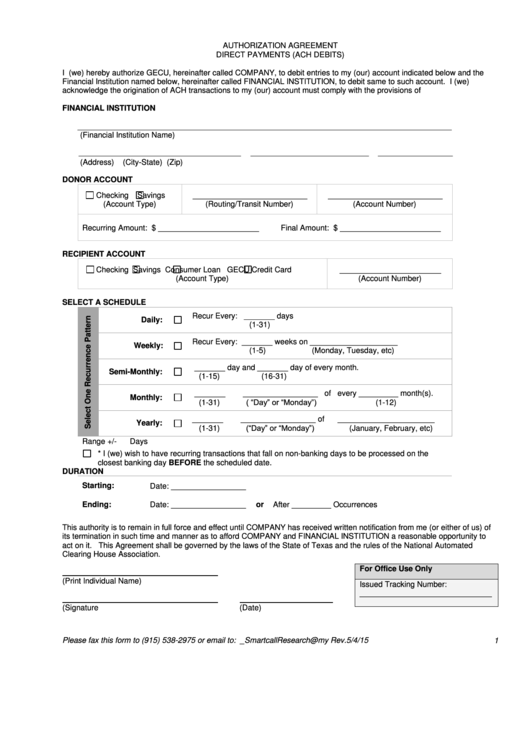 Fillable Authorization Agreement Direct Payments (Ach Debits) Form 2015 Printable pdf