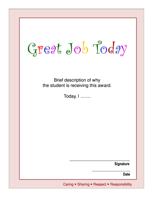 Fillable Great Job Today Certificate Template Printable pdf