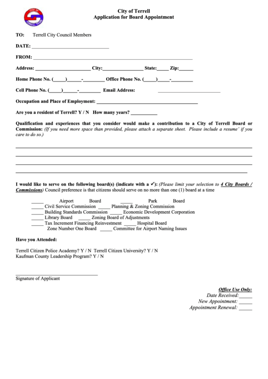 Application For Board Appointment Form - City Of Terrell, Texas Printable pdf