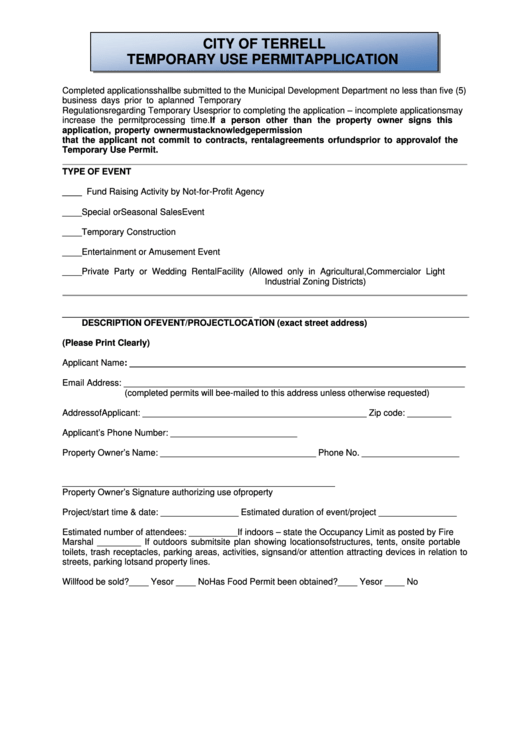 Temporary Use Permit Application Form - City Of Terrell. Texas Printable pdf