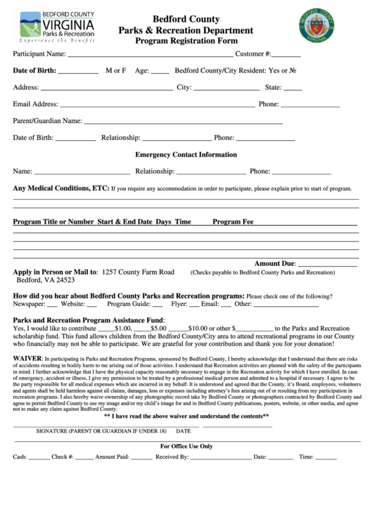 Program Registration Form - Bedford County, Virginia Printable pdf
