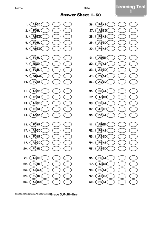 Answer Sheet 1-50 Template Printable pdf