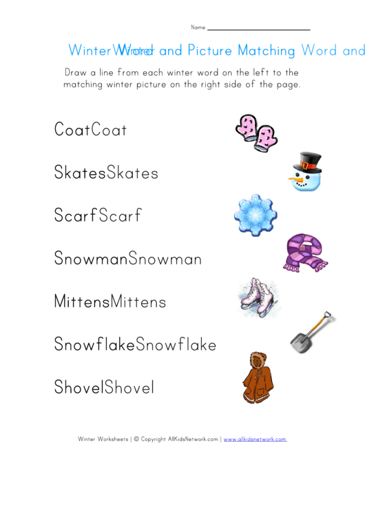 Winter Word Worksheet For Kids - Matching Printable pdf