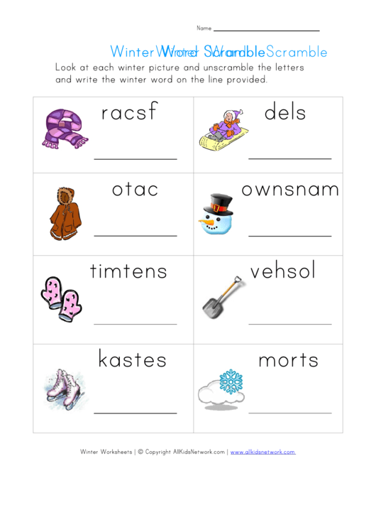 Winter Word Worksheet For Kids - Word Scramble
