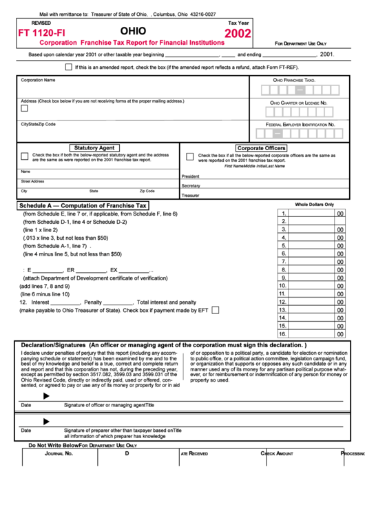 Form Ft 1120-Fi - 2002 Corporation Franchise Tax Report For Financial Institutions Printable pdf
